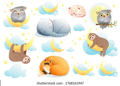 Cute sleeping baby animals clipart collection. Sloth, elephant, fox, owl, mouse dreaming with stars and moon. Sweet good night cartoon watercolor style illustrations for children. Vector nursery art.