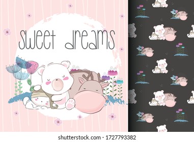 Cute sleeping baby animals illustration for kids