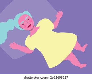 Cute Sleeping Baby in Bed at Night, Flat Vector Stock Illustration with Baby Girl