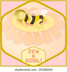 Cute sleeping baby bee vector illustration with flower and honey comb Happy smiling little bee cartoon vector Its a girl newborn announcement or Baby girl invitation Baby shower card template graphics
