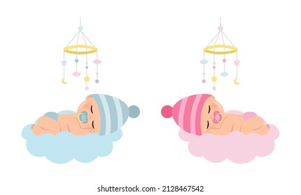 Cute sleeping baby boy and girl for gender reveal party. Flat vector cartoon design