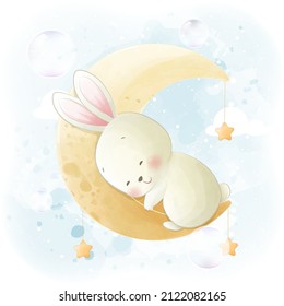 Cute sleeping baby bunny in the moon