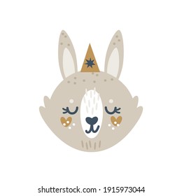 Cute sleeping baby bunny rabbit face vector illustration. For children's clothing, nursery wall art, greeting cards, baby shower invitations, stickers, products for kids and room decor.