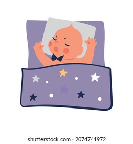 Cute sleeping baby in cot. Flat cartoon vector illustration with newborn baby, modern design. Vector illustration about motherhood, family, childhood.