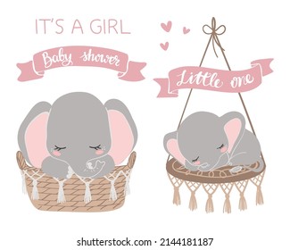 Cute sleeping baby elephant with basket on white background. Set of hand drawn vector illustration. Baby shower, little one, it is a girl phrases.