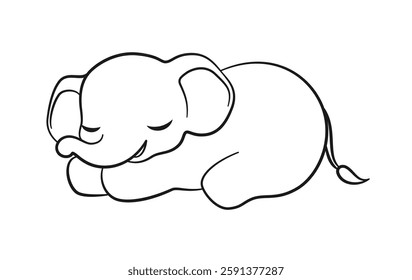 Cute sleeping baby elephant cartoon outline illustration. Easy animal coloring book page activity for kids