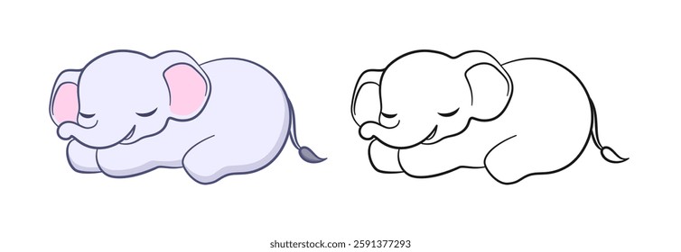 Cute sleeping baby elephant cartoon outline illustration set. Easy animal coloring book page activity for kids