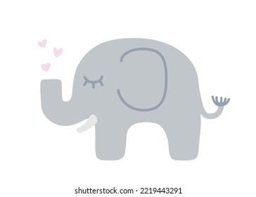 Cute Sleeping Baby Elephant with Hearts. Little Elephant Doodle Illustration for Prints, Posters, T-shirt Print, Postcard. Vector Illustration in Hand Drawing Cartoon Style.