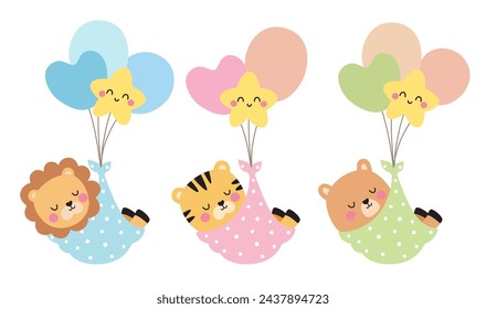 Cute sleeping baby lion, tiger, and bear with balloons. Baby shower, baby delivery, and nursery vector illustration art. Pastel Colors.