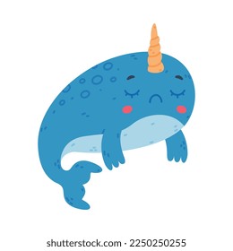 Cute sleeping baby narwhal. Lovely sea mammal animal cartoon character vector illustration