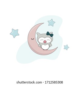 Cute sleeping baby owl on the moon. Baby girl owl. Vector illustration