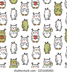 Cute sleeping baby owlets hand drawn in doodle style. Seamless vector pattern for kids textile, wallpaper, wrapping paper. Funny childish print with textured forest birds, leaves on white background