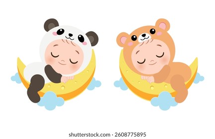 Cute sleeping baby in panda and bear costume on a moon