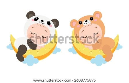 Cute sleeping baby in panda and bear costume on a moon