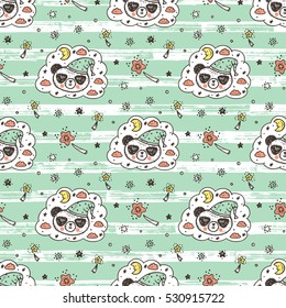 Cute Sleeping Baby Panda Vector Seamless pattern. Endless background with pandas. Hand Drawn Doodle Funny Black and White Bear, Clouds, Stars. Background for kids