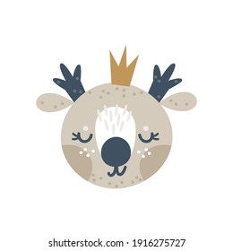 Cute sleeping baby raindeer face vector illustration. For children's clothing, nursery wall art, greeting cards, baby shower invitations, stickers, products for kids and room decor.