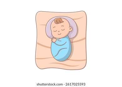 Cute Sleeping Baby in Swaddle on Soft Blanket. Vector Illustration
