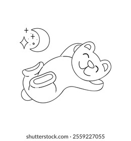 Cute sleeping bear in black outline. Flat illustration.