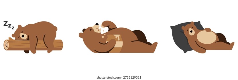 Cute Sleeping Bear Cartoon Set Lazy Relaxing Bear Character Lying Sleeping Resting Animal Illustration Wildlife Funny Concept flat vector illustration