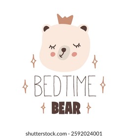 Cute sleeping bear with crown bedtime illustration for kids nursery art vector illustration