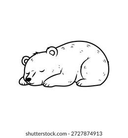 Arte de filhote de urso adormecido bonito, urso polar ou urso pardo dormindo, página de coloração para crianças, ilustração vetorial.