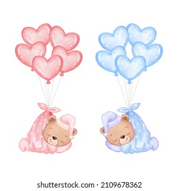 Cute sleeping bear fly with balloons in watercolor style. Vector cartoon design