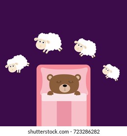 Cute sleeping bear. Jumping sheeps. Cant sleep going to bed concept. Counting sheep. Animal set. Pink blanket and pillow. Baby collection. Flat design. Violet background. Isolated. Vector illustration