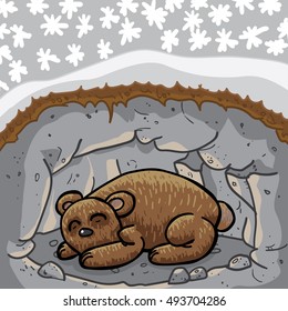 Cute Sleeping Bear In Lair / Cave. The Season Outside Is Winter. High Quality Vector Illustration.