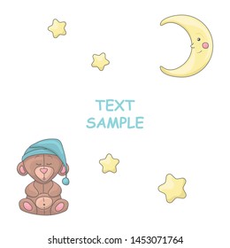 Cute sleeping bear in a nightcap and the moon with stars. Copy space. White background. Editable post frame template for social media. Cartoon style illustration. Vector.