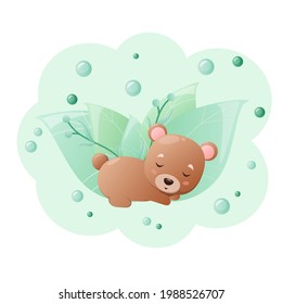 El oso dormido lindo sobre el fondo de las hojas. Ilustración infantil de animales forestales.