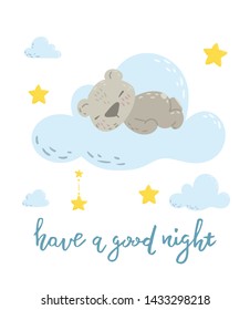 Cute sleeping bear on the cloud cartoon flat vector illustration for kids. Perfect for t-shirt print, nursery  textile, kids wear fashion design, baby shower invitation card.