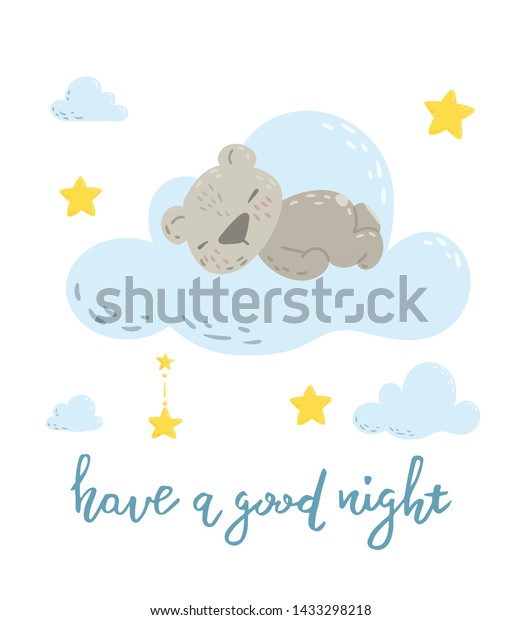 Cute Sleeping Bear On Cloud Cartoon Stock Vector (Royalty Free ...