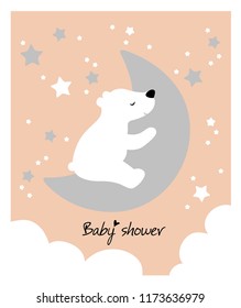 Cute sleeping bear on the moon in the clouds in soft colors. Vector illustration in cartoon style. For nursery, poster, print, card