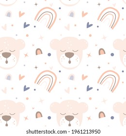 Rein schlafender Bär, Regenbogen und Herzformen. Boho Kindergarten im skandinavischen Kinderstil. Ideal für Tapeten, Babybekleidung und niedliches Verpackungspapier