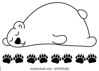 Cute sleeping bear, bear tracks. Hand outline drawing isolated on a white background. Doodle coloring book. Print for t-shirts, cups, poster, banner, decoration of a child’s room, postcards.