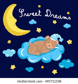 Cute sleeping bear vector illustration with clouds stars and moon