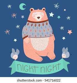 Cute sleeping bear in a warm sweater illustration. For children's books or cards. Navy blue background.