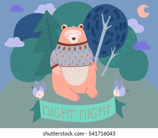 Cute sleeping bear in a warm sweater illustration. For children's books or cards. Trees in background.