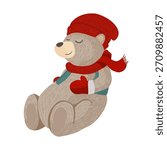 Cute sleeping bear in winter clothes, vector illustration