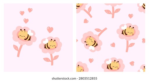 Cute sleeping bee in pink blossom seamless pattern with hearts on pastel background, adorable kawaii spring insect illustration for nursery, fabric and children's products.