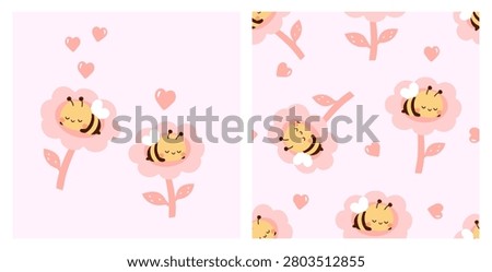 Cute sleeping bee in pink blossom seamless pattern with hearts on pastel background, adorable kawaii spring insect illustration for nursery, fabric and children's products.