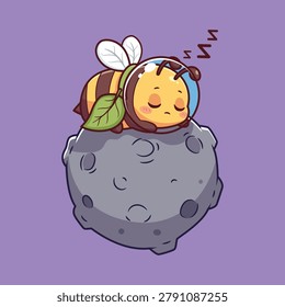Cute Sleeping Bee Wearing Space Helmet on Moon Vector Illustration