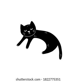 Cute sleeping black cat isolated element. Feline character. Funny print for kids design. Vector illustration