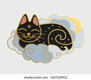 Cute sleeping black cat. Vector hand drawn illustration