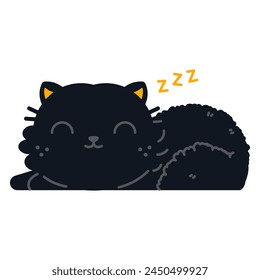 Cute sleeping black cat vector cartoon character isolated on a white background.