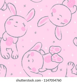 cute sleeping bunnies with snowflakes seamles vector pattern