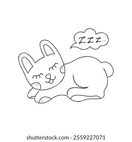 Cute sleeping bunny in black outline. Flat illustration.