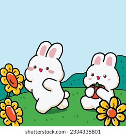 Cute sleeping bunny with colorful Easter eggs in spring meadow with flowers and butterflies. Cartoon spring scene for traditional greeting cards. Flat design illustration in bright colors