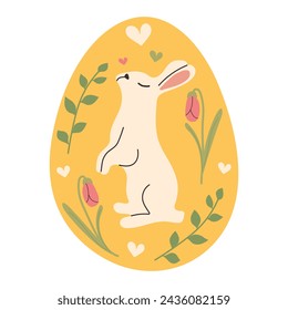 Cute sleeping Bunny with colorful Easter Egg with spring leaves and berries in doodle style. Springtime background for traditional greeting cards. Flat hand drawn design .