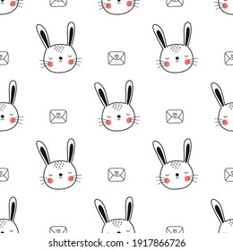 Cute sleeping bunny and envelope with a heart, seamless children's pattern, ideal for applying to fabric, wrapping paper, for interior decoration of the children's room